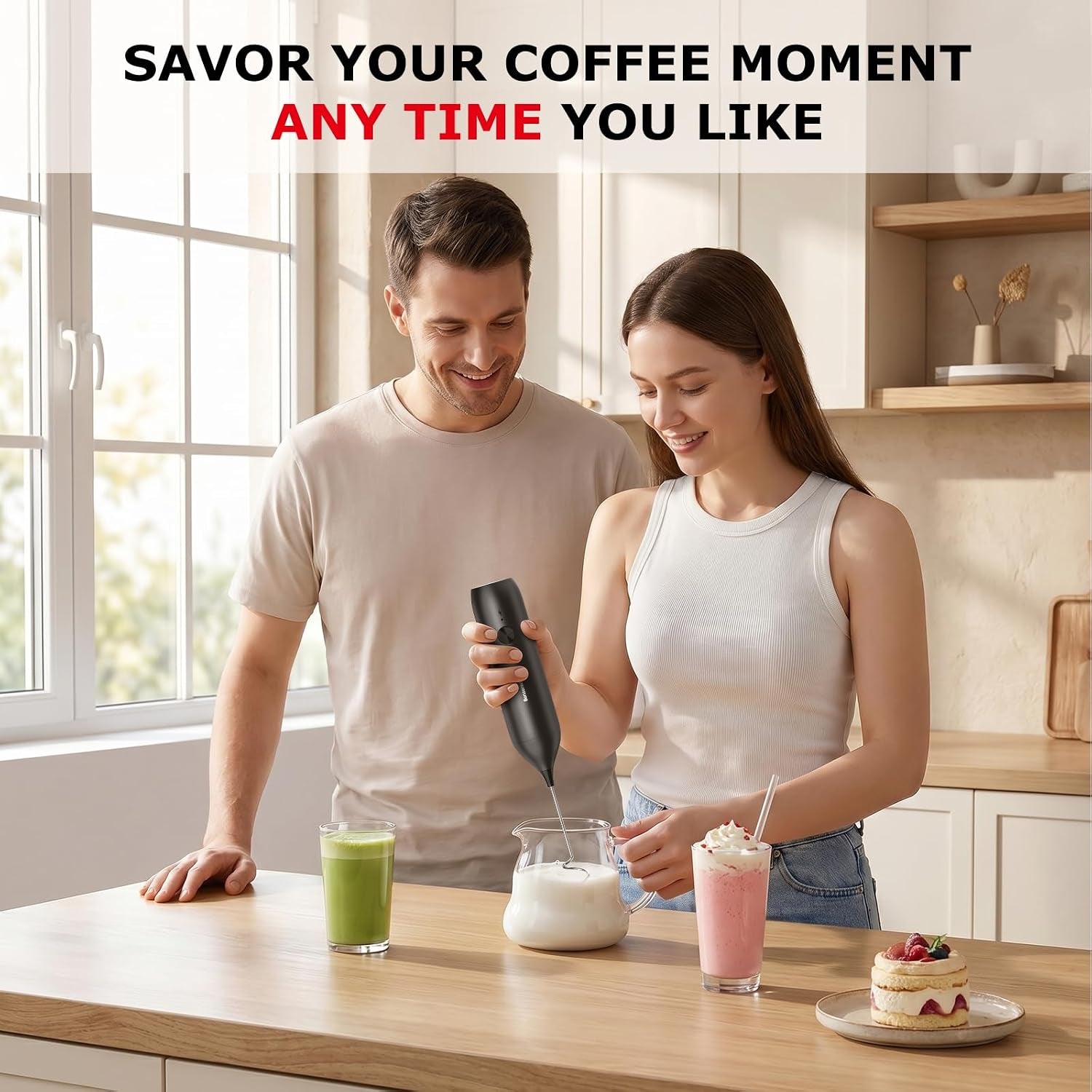 Rechargeable Milk Frother Handheld, Charging USB-C | Electric Foam Maker with Stainless Steel Whisk, Portable Hand Wand Drink Mixer for Coffee Matcha Lattes Cappuccino