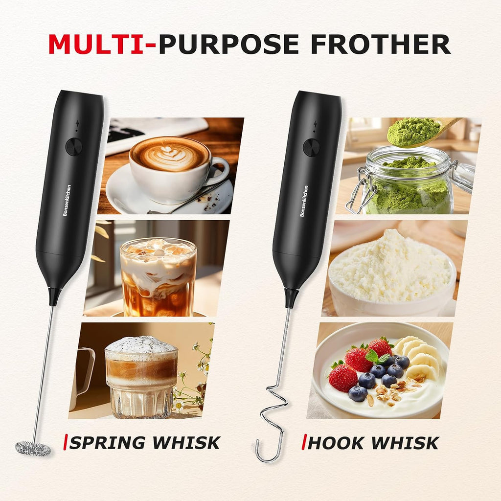 Rechargeable Milk Frother Handheld, Charging USB-C | Electric Foam Maker with Stainless Steel Whisk, Portable Hand Wand Drink Mixer for Coffee Matcha Lattes Cappuccino