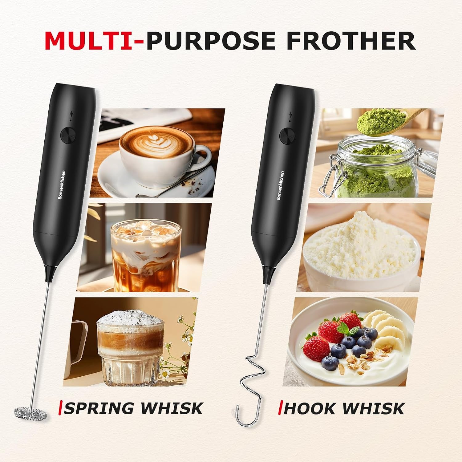Rechargeable Milk Frother Handheld, Charging USB-C | Electric Foam Maker with Stainless Steel Whisk, Portable Hand Wand Drink Mixer for Coffee Matcha Lattes Cappuccino
