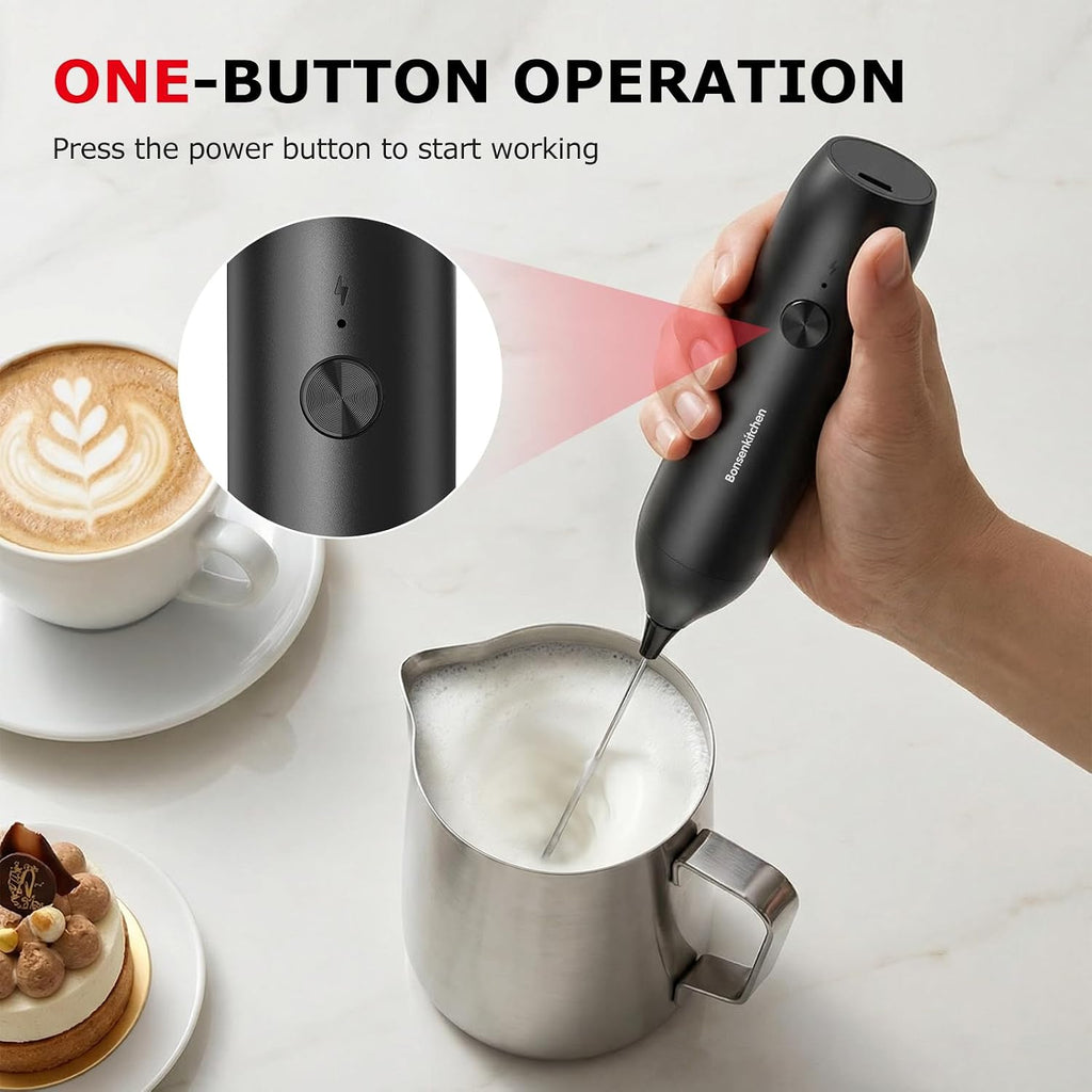 Rechargeable Milk Frother Handheld, Charging USB-C | Electric Foam Maker with Stainless Steel Whisk, Portable Hand Wand Drink Mixer for Coffee Matcha Lattes Cappuccino